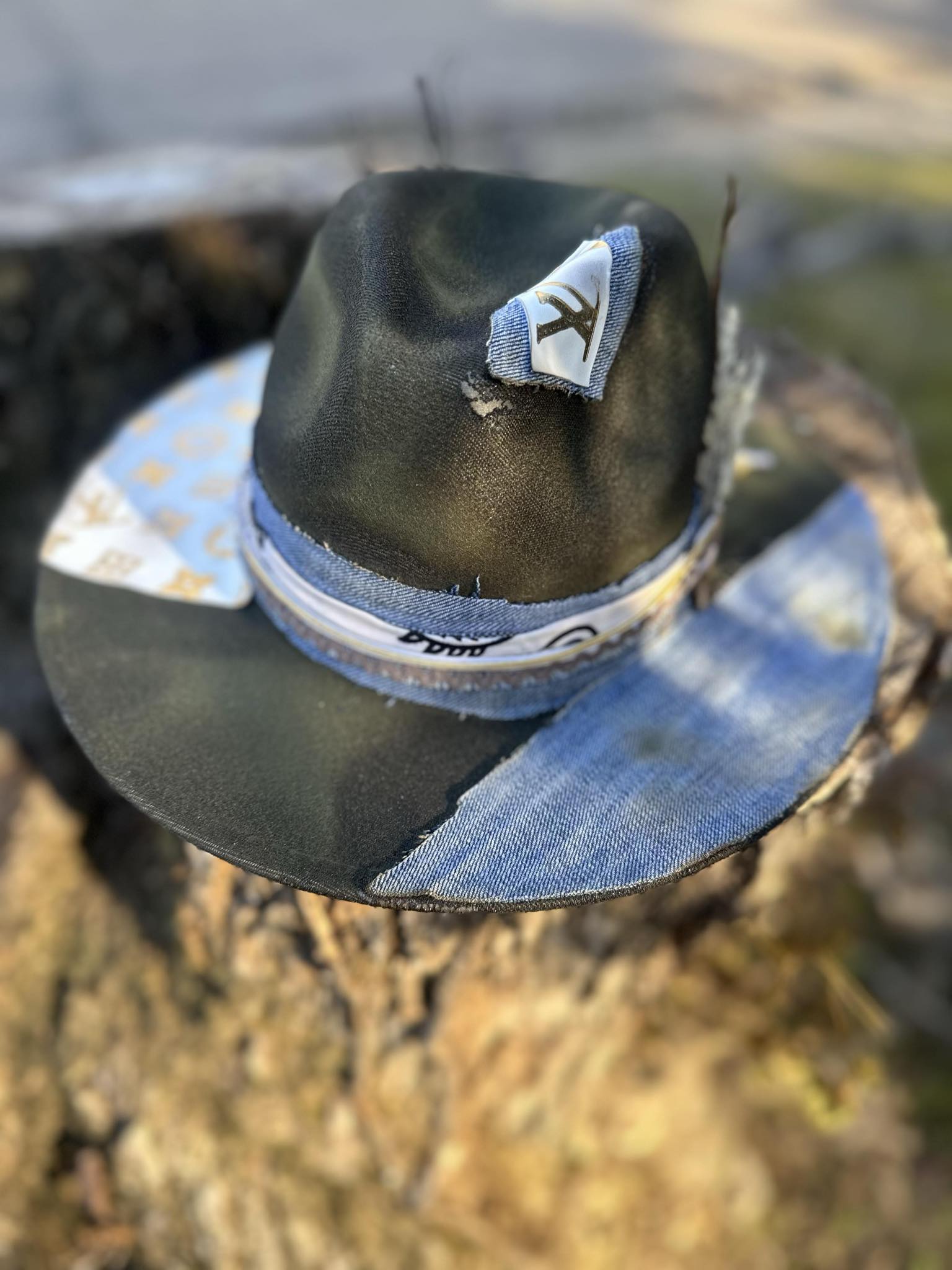 Olive Green Small Brim Distressed Fedora/ LV and Denim print