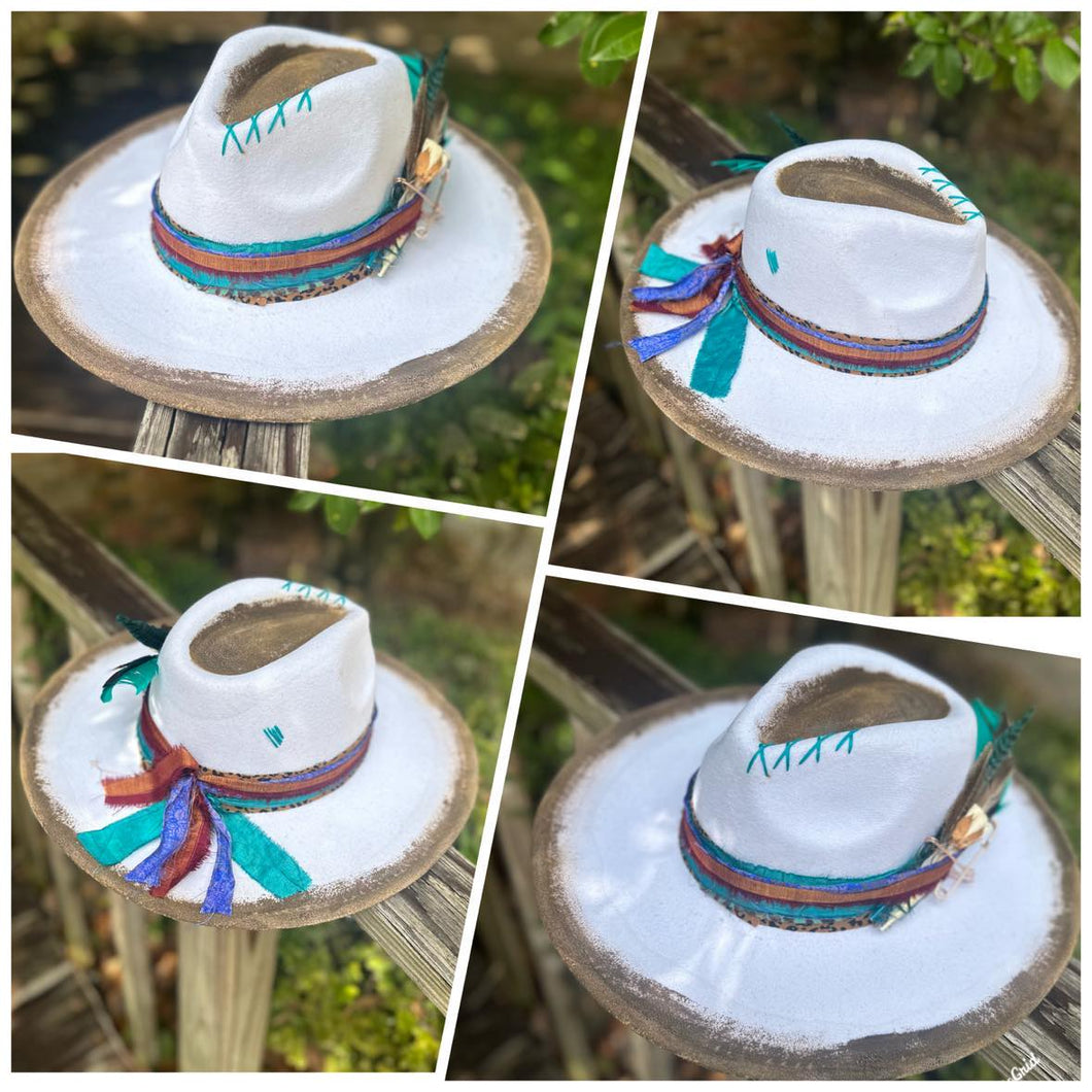 White wide Brim Hand painted Distressed Fedora (Teal stitching)