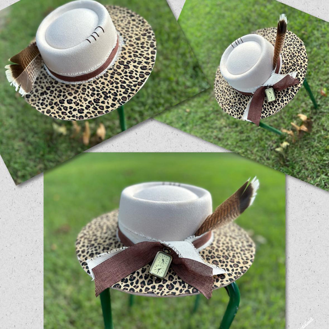 Cream color leopard print wide brim fedora (brown stitching)