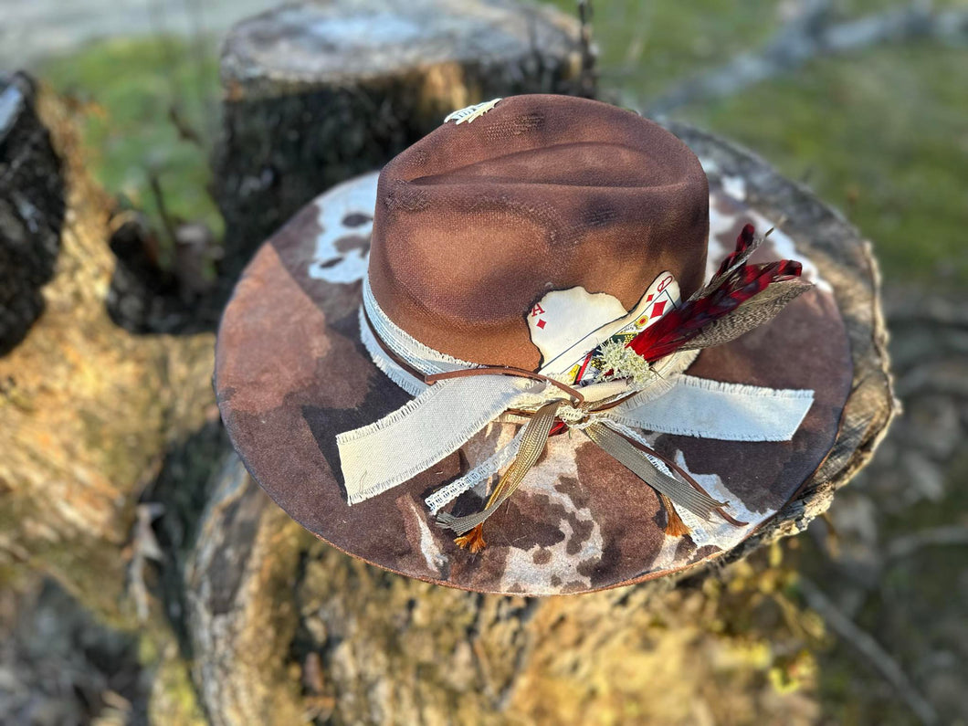 Dark Brown Distressed Fedora / Cow Print