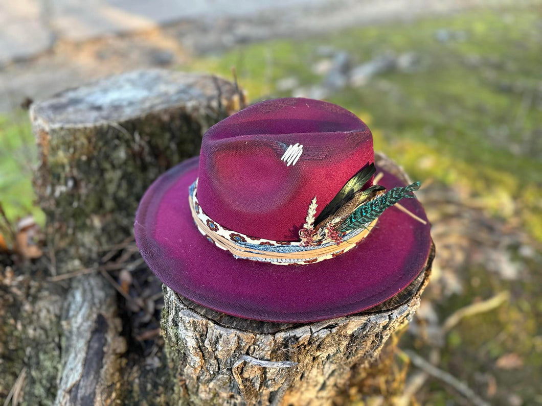 Burgundy Small Brim Distressed Fedora