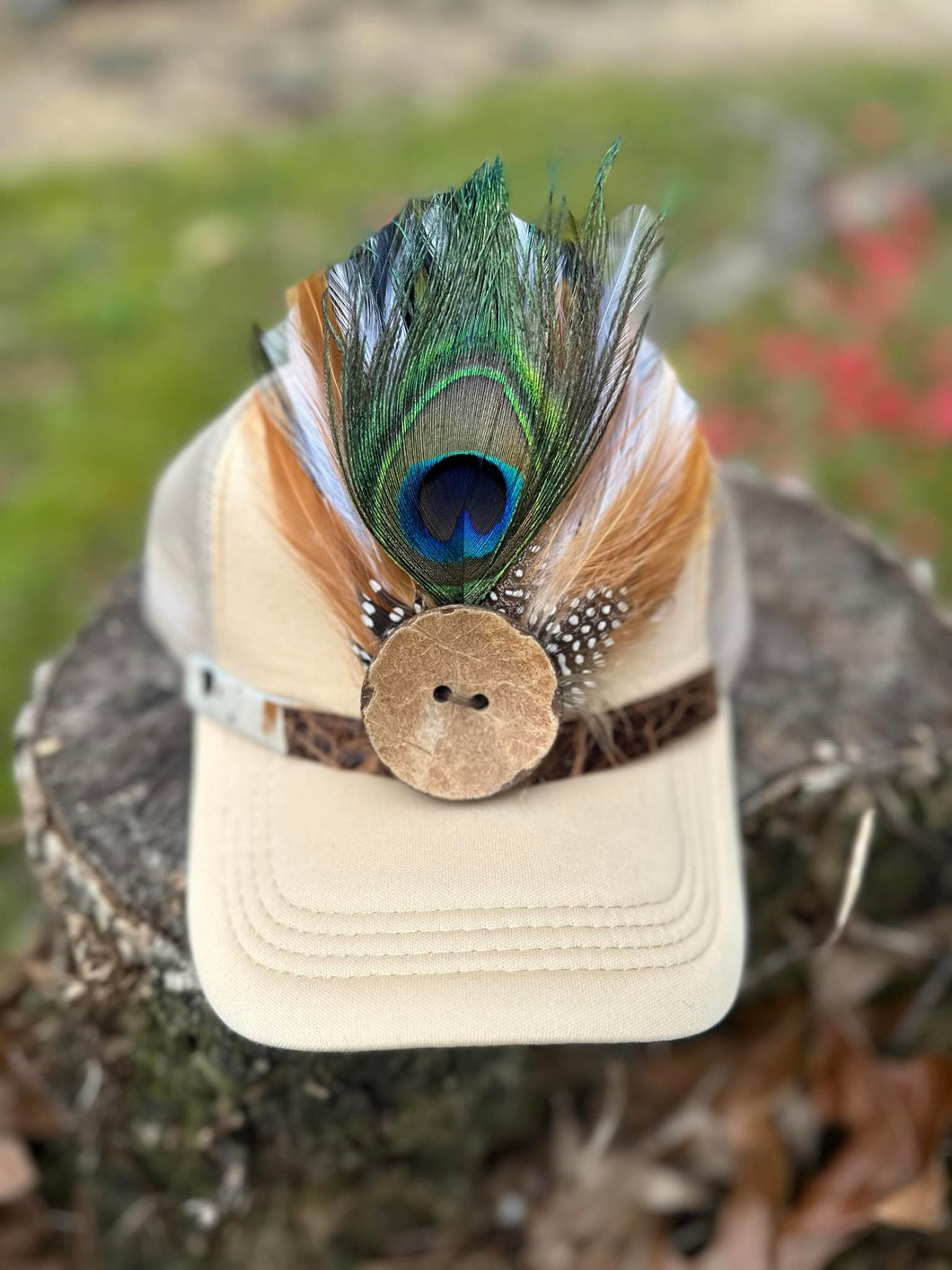 Tan Trucker Cap (With Feather and large button)