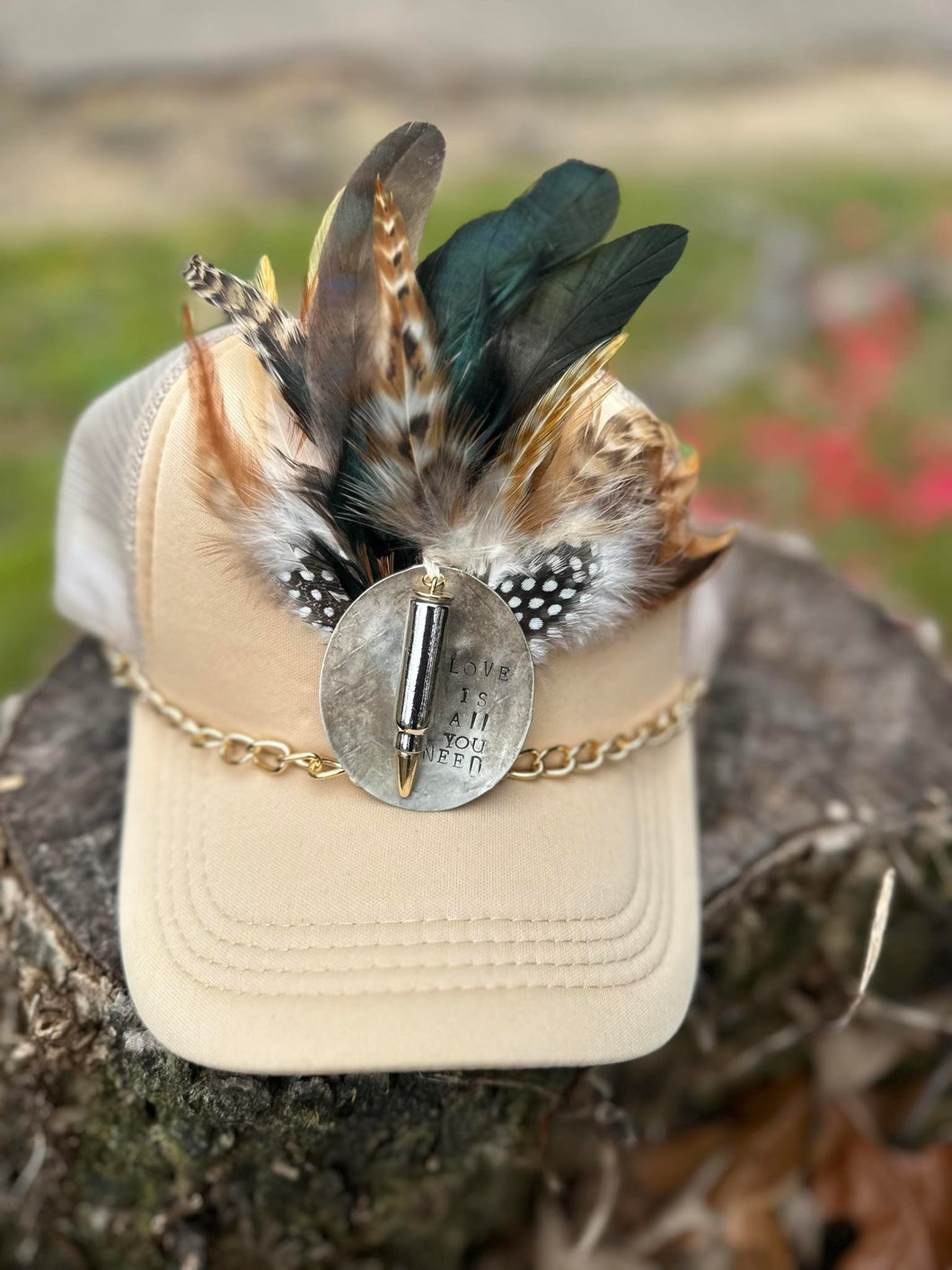Tan Trucker Cap (Gold Chain with feathers and spoon)