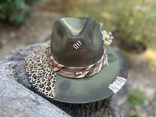 Load image into Gallery viewer, Green Distressed small brim Fedora with a Leopard Patch

