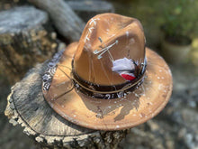 Load image into Gallery viewer, Tan small brim distressed fedora (paint splatter)

