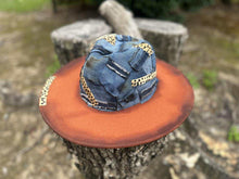 Load image into Gallery viewer, Orange distressed fedora with Denim and Cheetah patches

