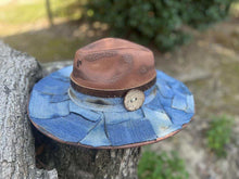 Load image into Gallery viewer, Tan Distressed Wide Brim Denim patchwork fedora
