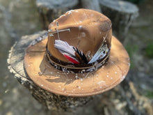 Load image into Gallery viewer, Tan small brim distressed fedora (paint splatter)
