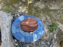Load image into Gallery viewer, Tan Distressed Wide Brim Denim patchwork fedora
