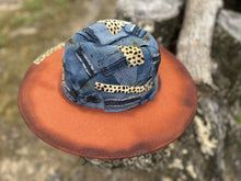 Load image into Gallery viewer, Orange distressed fedora with Denim and Cheetah patches
