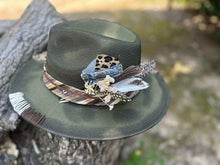 Load image into Gallery viewer, Green Distressed small brim Fedora with a Leopard Patch

