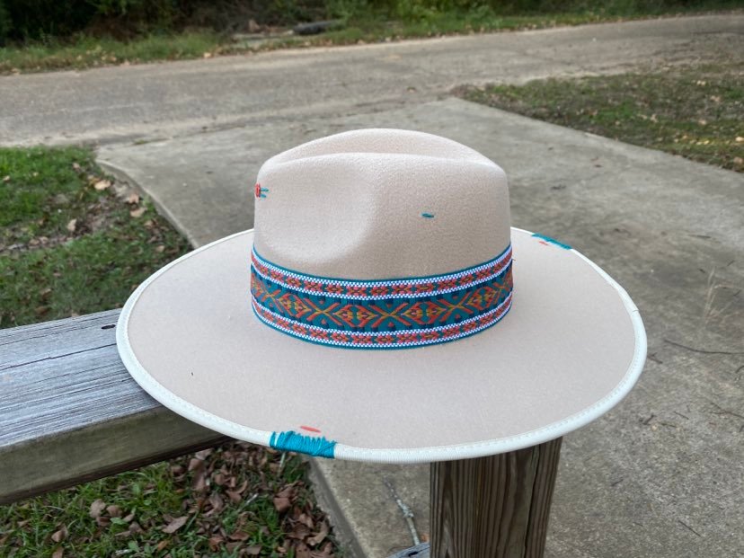 Cream Wide Brim Fedora with Multi color Band