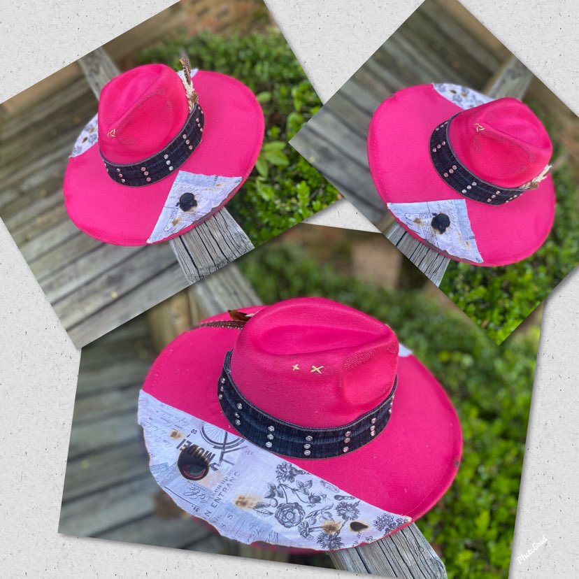 Distressed Hot Pink Wide Brim Fedora (Denim Band)
