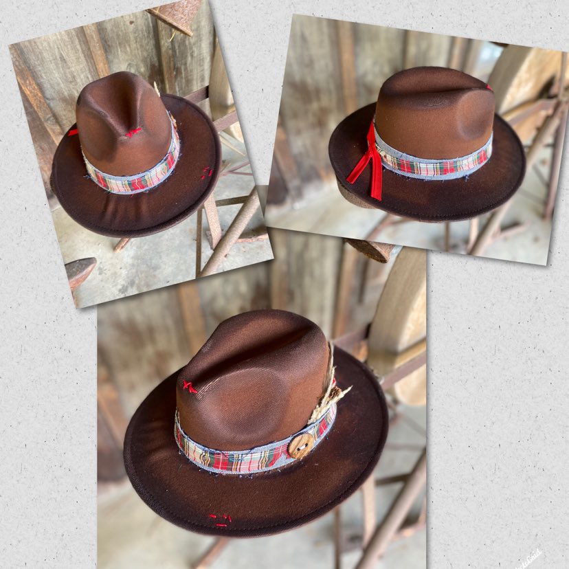 Brown Distressed Small Brim Fedora (Red Zipper and Plaid Band) (Red Bottom)