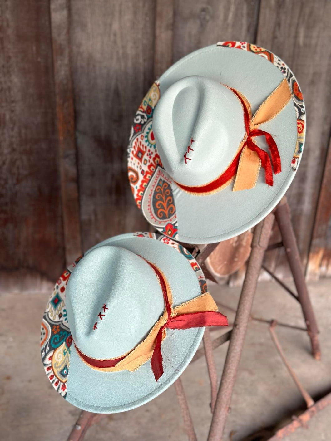 Mommy and Me Wide Brim and Small Brim Pair / Mint Green with Burgundy patterns